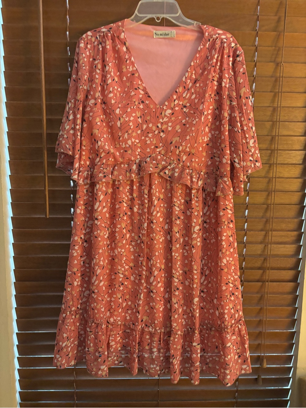 Nemidor Coral Pink Floral V-Neck Ruffle Midi Dress